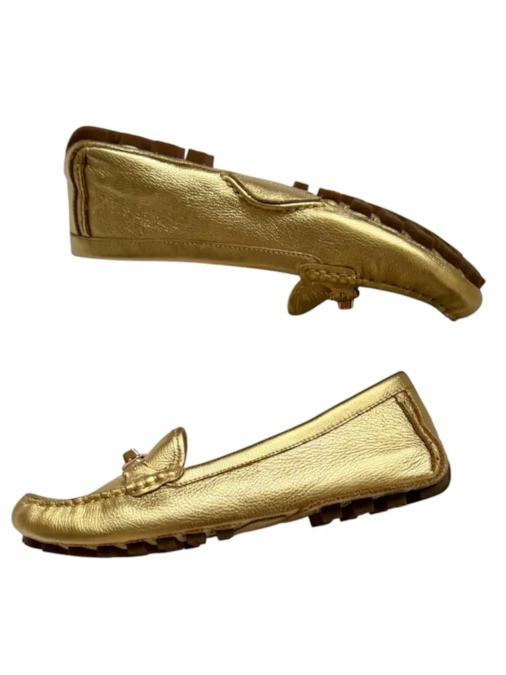 Coach Metallica Gold Tumbled Leather TurnLock Arlene Driving Loafers Size 7.5